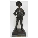 1116	LARGE BRONZE STATE OF MAN STANDING WITH WIDE BRIM HAT, SIGNED MILLARD, ON MARBLE BASE, APPROXIM