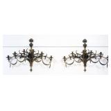 1121	MASSIVE BRASS 6 CANDLE HANGING WALL SCONCES WITH HANGING BRASS SWAG, EACH APPROXIMATELY 38 IN X