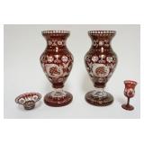 1122	BOHEMIAN RUBY CUT TO CLEAR VASES WITH ETCHED IMAGES OF CASTLES, BIRDS & STAGS EACH APPROXIMATEL