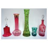 1125	ASSORTED VICTORIAN COLORED GLASS INCLUDING ENAMEL DECORATED CRANBERRY, GREEN GLASS VASE, MARY G