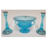 1127	BLUE ELEGANT SATIN GLASS CONSOLE SET WITH SILVER OVERLAY, CANDLESTICKS APPROXIMATELY 9 IN H