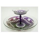 1128	LARGE AMETHYST CUT TO CLEAR COMPOTE WITH UNDER BOWL, APPROXIMATELY 13 IN X 7 IN H