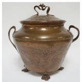 1131	LARGE DOUBLE HANDLED ART NOUVEAU FOOTED COVERED COPPER POT, APPROXIMATELY 16 IN X 15 IN HIGH
