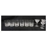 1140	6 CUT GLASS TUMBLERS AND 3 WINES, APPROXIMATELY 3 IN X 4 1/4 IN