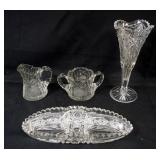 1141	ASSORTED CUT GLASS INCLUDING 10 IN H VASE, OVAL DISH, CREAMER & SUGAR