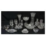 1142	LARGE SELECTION OF PRESSED GLASS ITEMS INCLUDING VASES, COMPOTES, NAPPIES, DIVIDED DISH, ETC., 