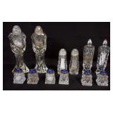 1147	ASSORTMENT OF CUT AND PRESSED GLASS SALT & PEPPERS 6 WITH BLUE ENAMEL AND STERLING LIDS, MARKED