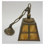 1158	MISSION ARTS & CRAFTS STYLE BROWN SLAG GLASS HANGING LAMP WITH WIDE BAND BRASS CHAIN LINK HANGE