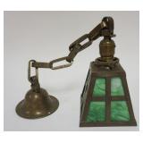 1159	MISSION ARTS & CRAFTS STYLE GREEN SLAG GLASS HANGING LAMP WITH WIDE BAND BRASS CHAIN LINK HANGE