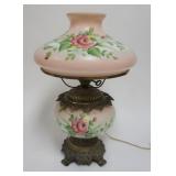 1168	HAND PAINTED SATIN GLASS VICTORIAN STYLE LAMP, APPROXIMATELY 22 IN H