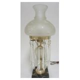 1169	SATIN GLASS ASTRAL STYLE TABLE LAMP ON MARBLE BASE WITH PRISMS, APPROXIMATELY 19 IN H