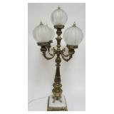 1170	LARGE METAL TABLE COLUMN LAMP WITH 4 ARMS HAVING 5 SATIN GLASS SHADES AND MARBLE BASE, APPROXIM