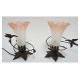 1172	PAIR OF METAL BEDSIDE LAMPS WITH HUMMING BIRDS AND SATIN GLASS TRUMPET SHADES, EACH APPROXIMATE