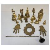 1175A	GROUP OF ASSORTED BRASS ITEMS INCLUDING FIGURAL BELLS, DOOR KNOCKERS, CANDLE SNUFFER
