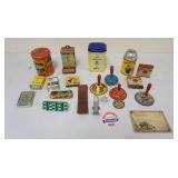 1178B	GROUP OF ASSORTED TINS, NOISE MAKERS, BUTTONS, TOBACCO TINS, ETC