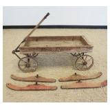 1180	CHILDS ANIQUE WOOD SPOKE WHEEL WAGON WITH SKY SLED ATTACHEMENT, *RED RACER*, APPROXIMATELY 42 I