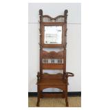 1183	CARVED WALNUT VICTORIAN HALL RACK WITH BRASS COAT & HAT HANGERS, TURNED SPINDLE GALLERY AND CEN