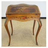 1187	FRENCH BOMBE LADIES PAINT DECORATED WRITING DESK WITH METAL TRIM AND MOUNTS, INTERIOR HAS 2 HAN