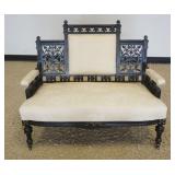 1189	ORNATE EASTLAKE VICTORIAN UPHOLSTERED PARLOR SETTEE WITH FRETWORK CUT OUT IMAGES OF BIRDS IN FL
