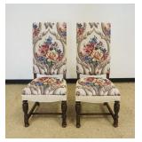 1190	PAIR OF FLORAL UPHOLSTERED HIGH BACK CHAIRS WITH CARVED URN SHAPED FRONT LEGS, EACH APPROXIMATE