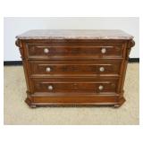 1192	MARBLE TOP VICTORIAN 4 DRAWER CHEST WITH 1 CONCEALED AT BOTTOM, BURLWOOD DRAWER FRONTS, SOME LO