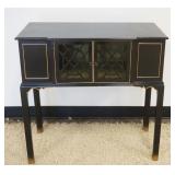 1195	BLACK LACQUERED STAND WITH 2 FRETWORK DOORS, APPROXIMATELY 30 IN  X 16 IN X 30 IN H