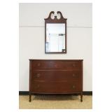 1197	MAHOGANY 3 DRAWER LOW CHEST WITH FLORAL URN & BELL FLOWER ILAY WITH HANGING MIRROR, CHEST APPRO