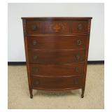 1198	MAHOGANY 5 DRAWER HIGH CHEST WITH FLORAL URN & BELL FLOWER INLAY, APPROXIMATELY 36 IN X 21 IN X