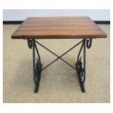 1201	WOOD TOP STAND ON FANCY WROUGHT IRON BASE, APPROXIMATELY 28 IN X 22 IN X 28 IN H