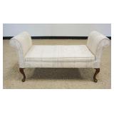 1209	UPHOLSTERED SCROLLED ARM WINDOW BENCH, SOME STAINING ON UPHOLSTERY, APPROXIMATELY 48 IN X 18 IN