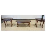 1210	3 PIECE LAMP AND COFFEE TABLE SET IN CHERRY WOOD FINISH AND APPLIED SHELL CARVINGS, LAMP TABLES
