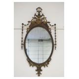 1213	ORNATE HANGING MIRROR WITH URN AND BELL FLOWER TRIM, SILVERING ON MIRROR WORN, APPROXIMATELY 28