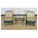 1236	WROUGHT IRON PATIO/SUN ROOM CHAIR, SPRING ROCKING CHAIR AND GLASS TOP TABLE, CHAIR APPROXIMATEL