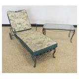 1237	WROUGHT IRON PATIO/SUN ROOM CHASE LOUNGE AND GLASS TOP TABLE, LOUNGE APPROXIMATELY 63 IN X 30 I