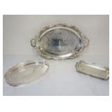 1012	GROUP OF ORNATE SILVERPLATE TRAYS, LARGEST FOOTED & APPROXIMATELY 28 IN X 18 IN