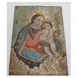 1014	ANTIQUE HAND PAINTED RETABLO ICON ON TIN, APPROXIMATELY 10 IN X 14 IN