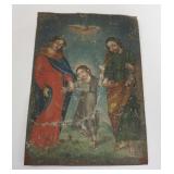 1016	ANTIQUE HAND PAINTED RETABLO ICON ON TIN, APPROXIMATELY 7 IN X 9 1/2 IN