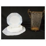 1025	FLORAL ETCHED GLASS VASE IN ORNATE METAL HOLDER, APPROXIMATELY 12 IN HIGH & 11 PIECES ELEGANT M