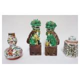 1041	GROUP OF ASSORTED ASIAN POTTERY FOO DOGS, APPROXIMATELY 10 IN HIGH & PORCELAIN VASE & COVERED J