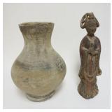 1047	ASIAN POTTERY VASE & STATUE, TALLEST APPROXIMATELY 17 IN HIGH