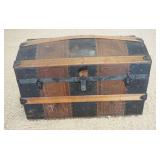 1104	ANTIQUE WOOD AND LEATHER DOME TOP TRUNK, APPROXIMATELY 30 IN X 17 IN X 20 IN H