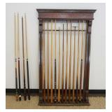 1111	OAK POOL STICK WALL RACK WITH 11 CUE STICKS