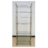 1121	METAL FRAME SHELF WITH INSET GLASS SHELVES, BRASS FEET AND ACORN TOP, APPROXIMATELY 31 IN W X 1