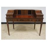 NICE FLAMED MAHOGANY CARLTON DESK WITH BANDED DRAWER FRONTS AND PENCIL INLAY, INSET LEATHER TOP WRITING SURFACE, APPROXIMATELY 50 IN X 26 IN X 38 IN H