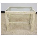 1134	GLASS TOP LAMP TABLE ON WOOD BASE WITH SHEATHED BONE STYLE EXTERIOR, SOME LOSS, APPROXIMATELY 3