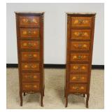1135	PAIR OF NARROW MARBLE TOP LINGERIE CHEST WITH METAL MOUNTS AND INLAID FLORAL DRAWER FRONTS, EAC