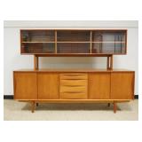 DANISH MODERN 2 PART SERVER, HAVING 5 DRAWERS AND SLIDING GLASS DOOR TOP, TOP AND BOTTOM ARE DIFFERENT, MARKED TERRING MOBELFUBRIK - SKOVBY MOBELFABRIK, APPROXIMATELY 87 IN W X 19 IN D X 62 IN H