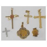 1216	GOLD CROSS PENDANTS, 3 MARKED 1.46 DWT WITH STONES, ROSE CROSS PENDANT, RELIGIOUS PENDANT AND G