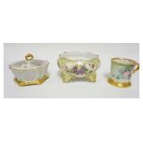1020	HAND PAINTED LIMOGES FOOTED BOWL, SHAVING MUG & UNMARKED COVERED DISH, FOOTED BOWL HAS IMAGES O