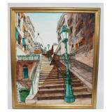 1064	ARTIST SIGNED FRAMED ARTWORK ON CANVAS, CONTINENTAL STREET SCENE, APPROXIMATELY 23 IN X 27 IN O